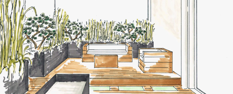 Farbiger Entwurf einer Privat-Terrasse mit Sitzmöglichkeiten und Pflanzen.