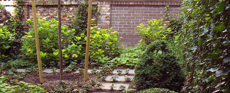 Ein Beispiel für Neupflanzung in einem Privatgarten. Ziegelmauer, Gebüsch, frisch eingepflanzte Stauden werden im Laufe der Zeit die grauen Trittplatten einrahmen.